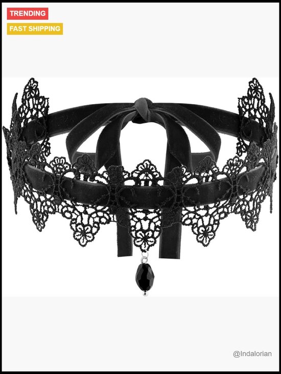 Jewelry - Gothic Vintage Lace Velvet Choker with Glass Crystal Pendant